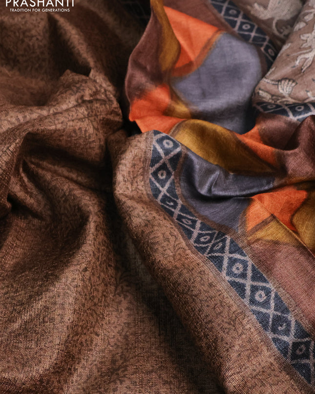 Pure tussar silk saree brown and multi colour with allover prints and printed border