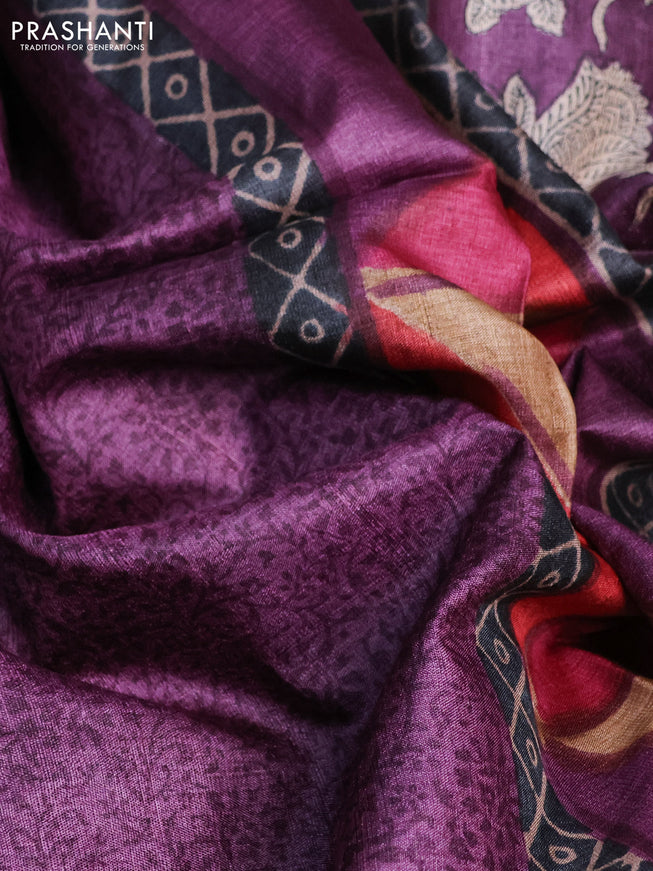 Pure tussar silk saree purple and multi colour with allover prints and printed border
