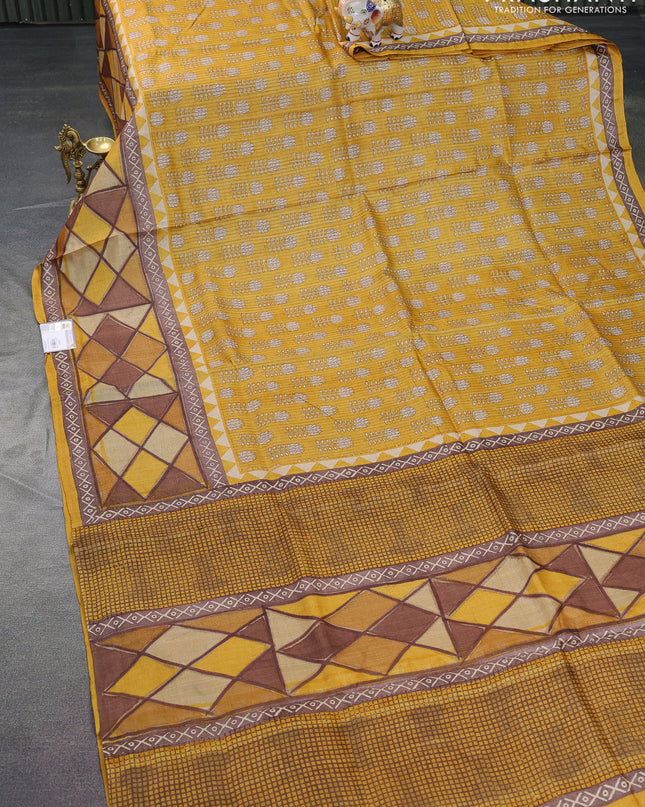Pure tussar silk saree mustard yellow with butta prints and printed border