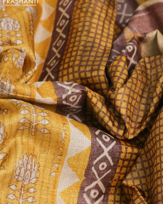 Pure tussar silk saree mustard yellow with butta prints and printed border