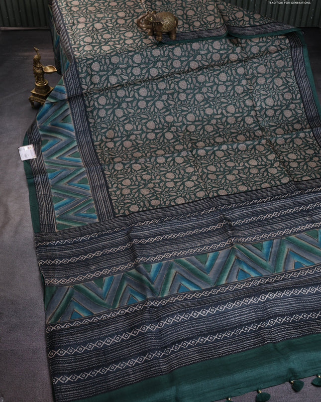 Pure tussar silk saree dark green with allover kalamkari prints and printed border