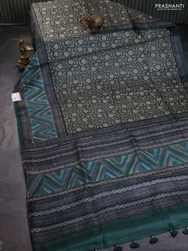 Pure tussar silk saree dark green with allover kalamkari prints and printed border