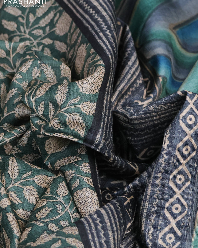 Pure tussar silk saree dark green with allover kalamkari prints and printed border