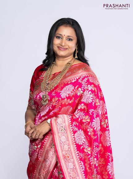 Pure banarasi uppada silk saree rani pink with allover thread & zari weaves and zari woven border