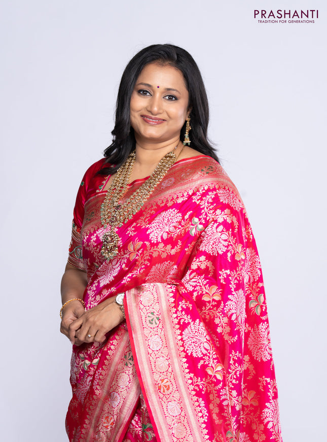 Pure banarasi uppada silk saree rani pink with allover thread & zari weaves and zari woven border