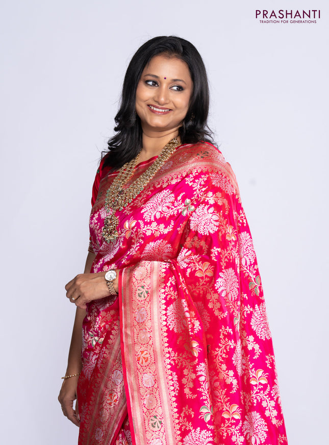 Pure banarasi uppada silk saree rani pink with allover thread & zari weaves and zari woven border