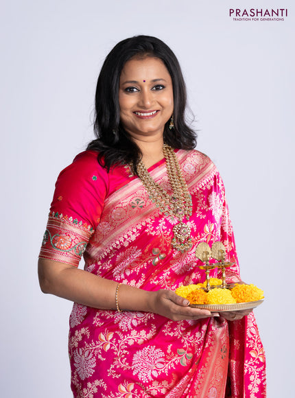 Pure banarasi uppada silk saree rani pink with allover thread & zari weaves and zari woven border