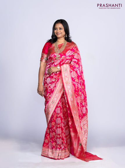 Pure banarasi uppada silk saree rani pink with allover thread & zari weaves and zari woven border