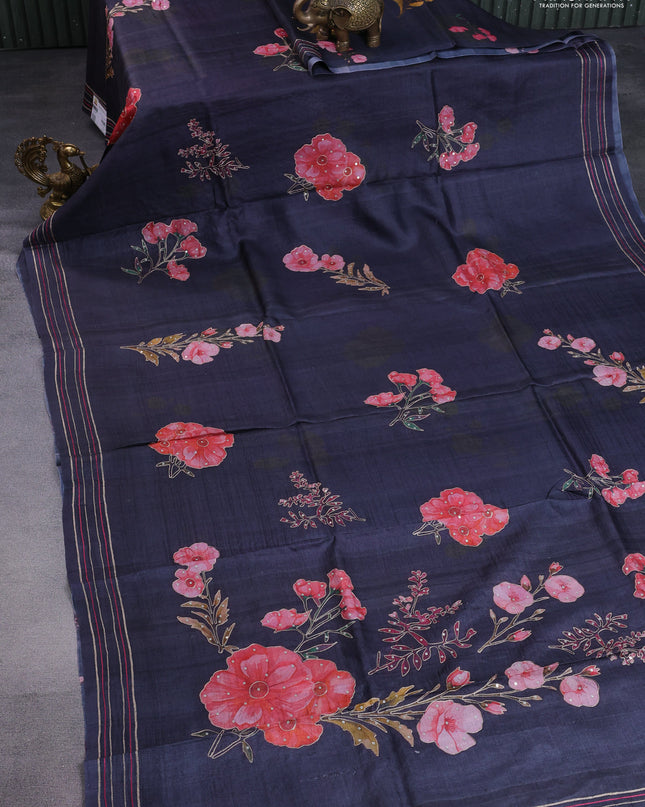 Pure tussar silk saree black with floral prints & pita work