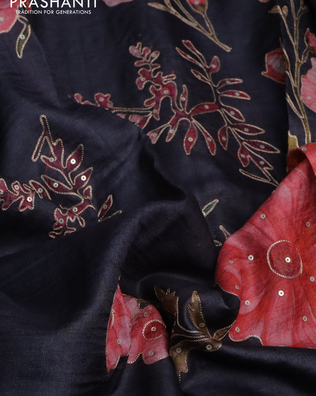 Pure tussar silk saree black with floral prints & pita work