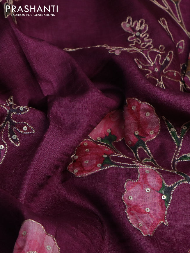 Pure tussar silk saree wine shade with floral prints & pita work