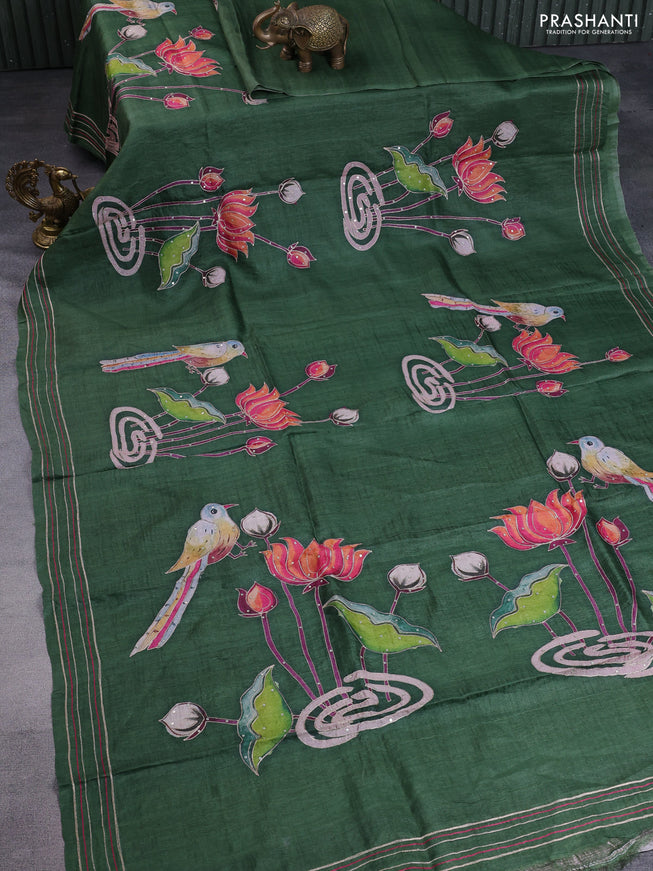 Pure tussar silk saree sap green with pichwai prints & pita work