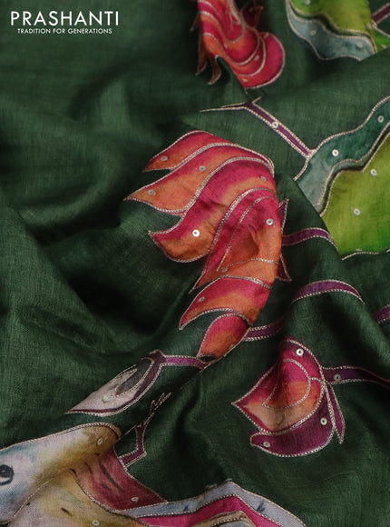 Pure tussar silk saree sap green with pichwai prints & pita work