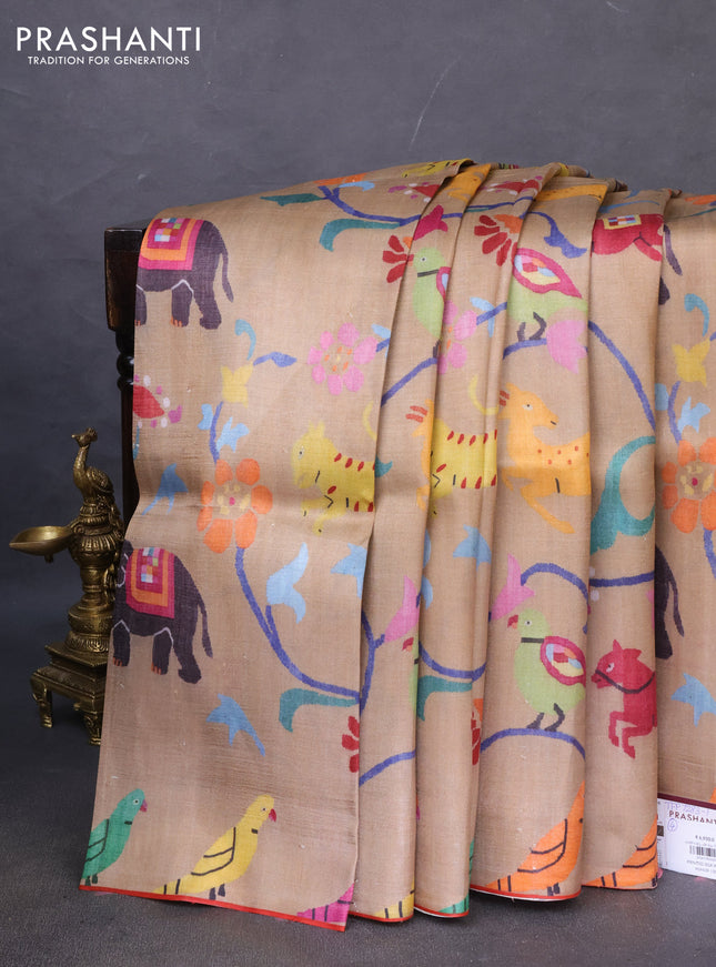 Printed silk saree dark beige with allover prints and piping border