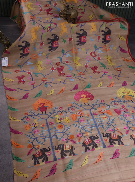 Printed silk saree dark beige with allover prints and piping border