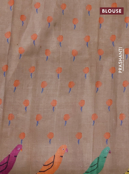 Printed silk saree dark beige with allover prints and piping border