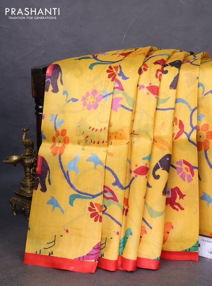 Printed silk saree yellow and red with allover prints and piping border