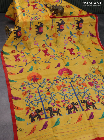 Printed silk saree yellow and red with allover prints and piping border