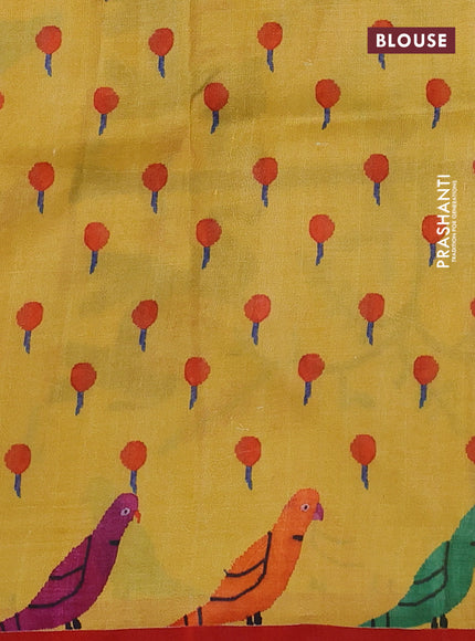 Printed silk saree yellow and red with allover prints and piping border