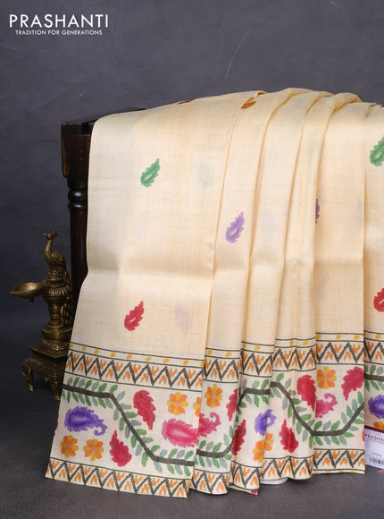 Printed silk saree cream with leaf butta prints and printed border