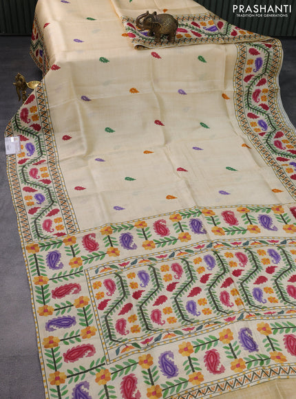 Printed silk saree cream with leaf butta prints and printed border