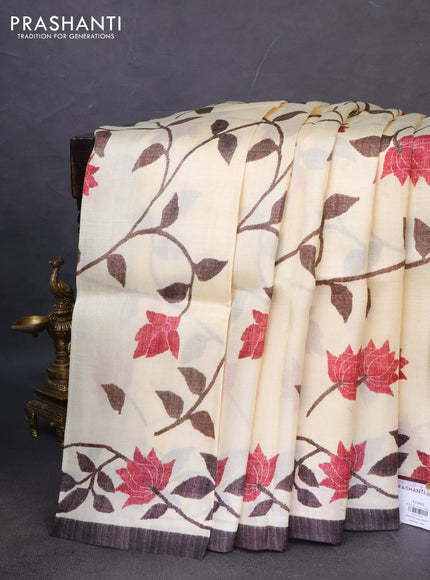 Printed silk saree cream and coffee brown with allover floral prints and printed border
