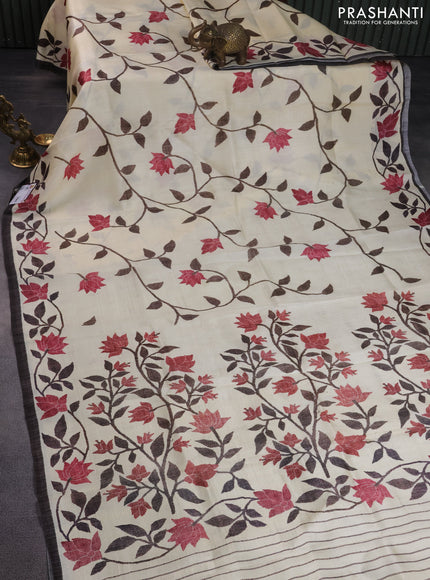 Printed silk saree cream and coffee brown with allover floral prints and printed border