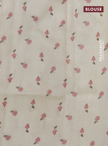 Printed silk saree cream and coffee brown with allover floral prints and printed border