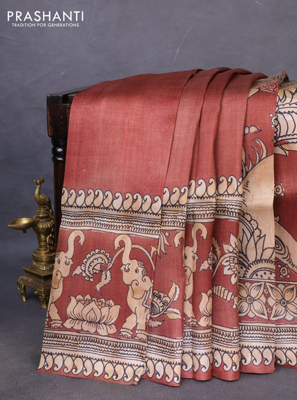 Printed silk saree brown and beige with plain body and long kalamkari printed border