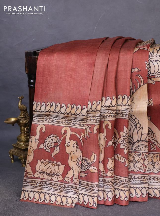 Printed silk saree brown and beige with plain body and long kalamkari printed border