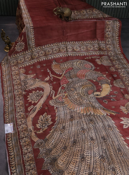 Printed silk saree brown and beige with plain body and long kalamkari printed border