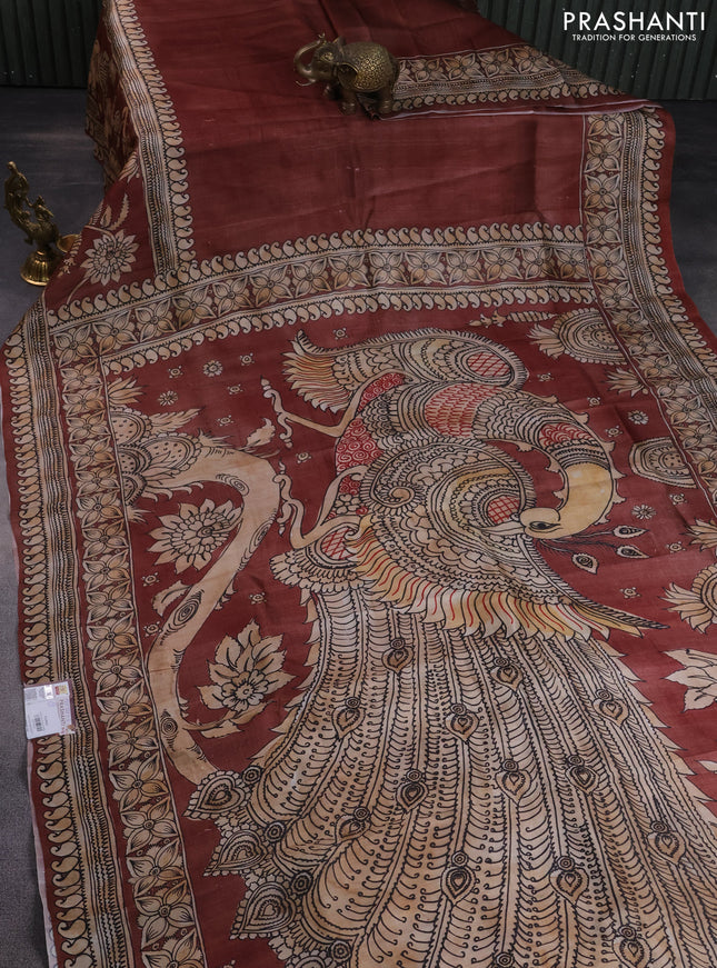 Printed silk saree brown and beige with plain body and long kalamkari printed border