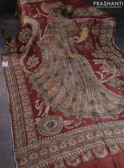 Printed silk saree brown and beige with plain body and long kalamkari printed border