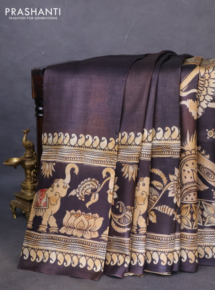 Printed silk saree black and beige with plain body and long kalamkari printed border