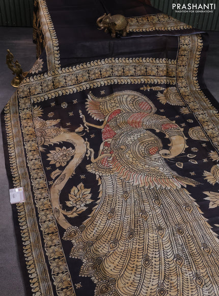 Printed silk saree black and beige with plain body and long kalamkari printed border
