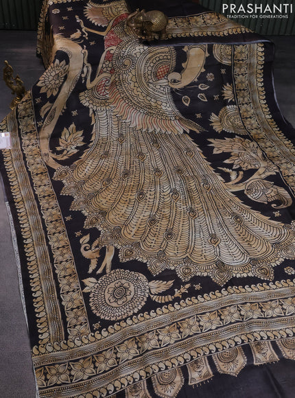 Printed silk saree black and beige with plain body and long kalamkari printed border