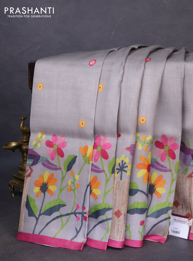 Printed silk saree grey and pink with butta prints and long printed border
