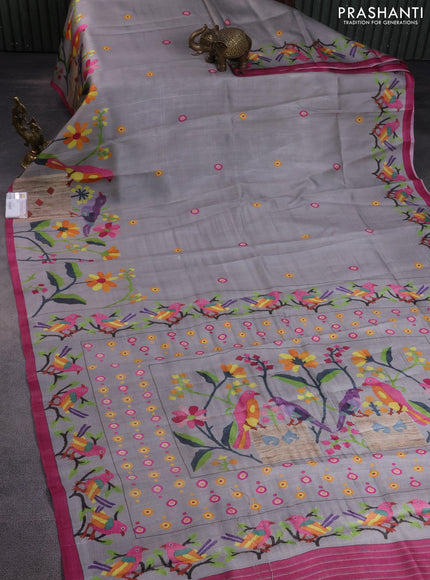 Printed silk saree grey and pink with butta prints and long printed border