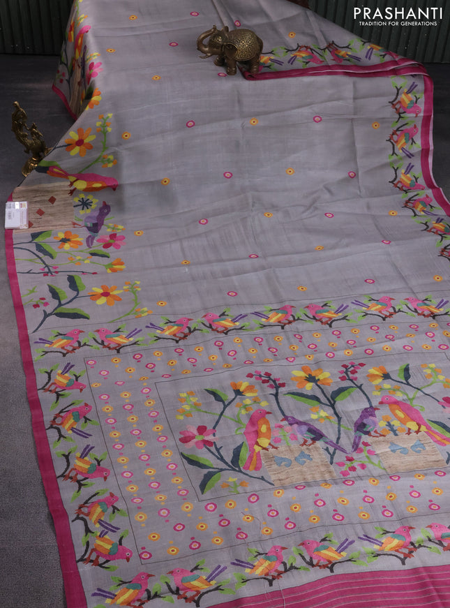 Printed silk saree grey and pink with butta prints and long printed border