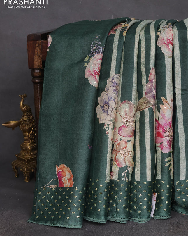 Pure tussar silk saree bottle green with allover stripes pattern floral prints & pita work and sequin work border