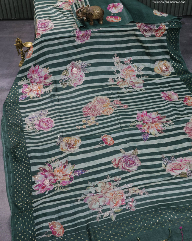 Pure tussar silk saree bottle green with allover stripes pattern floral prints & pita work and sequin work border