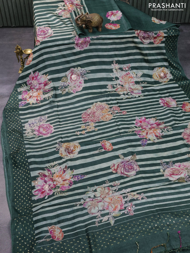 Pure tussar silk saree bottle green with allover stripes pattern floral prints & pita work and sequin work border