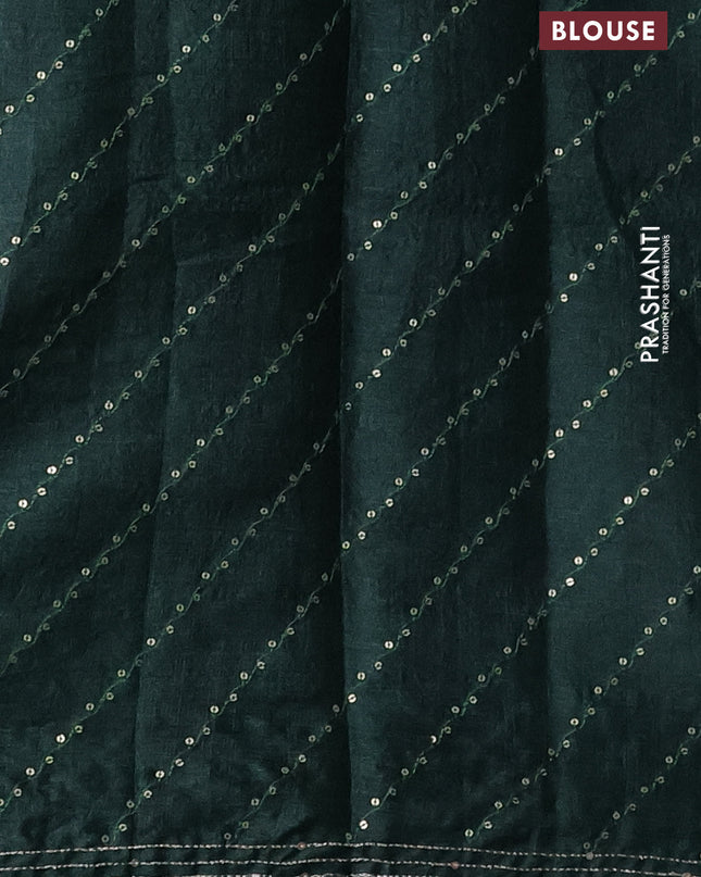 Pure tussar silk saree bottle green with allover stripes pattern floral prints & pita work and sequin work border