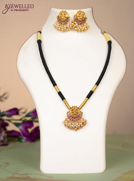 Black thread necklace lakshmi design with kemp stones and pearl & golden beads hangings