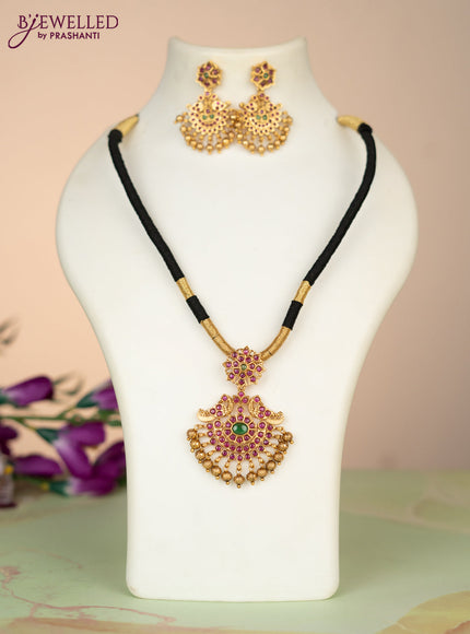 Black thread necklace double peacock design with kemp stones and golden beads hangings