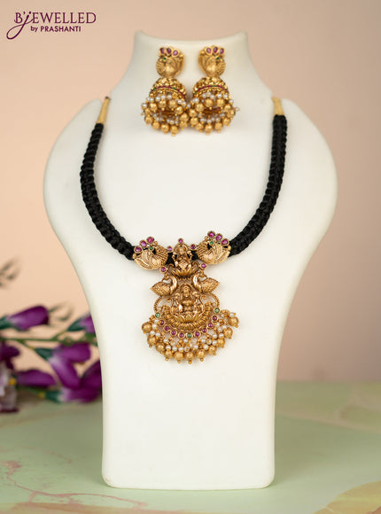 Black thread necklace lakshmi pendant with kemp stones and pearl & golden beads hangings
