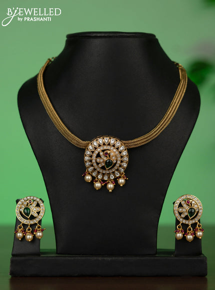 Antique attigai necklace with kemp & kundan stones and pearl hangings