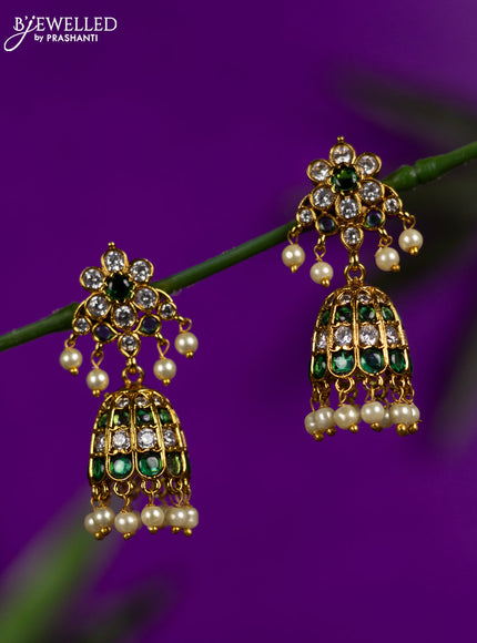 Antique jhumka with emerald & kundan stones and pearl hangings