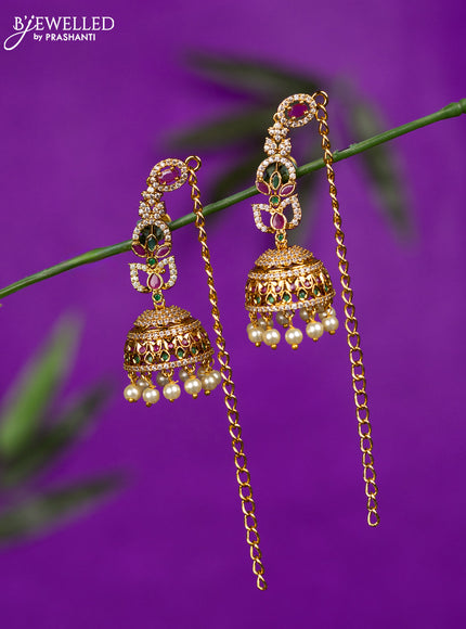Antique jhumka with kemp & cz stones and pearl hangings