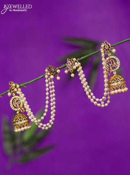 Antique jhumka kemp & cz stones with mattal and pearl hangings